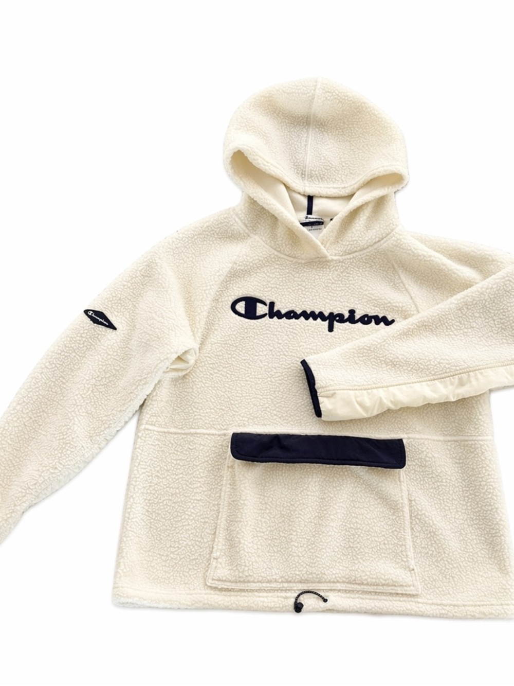 Champion Cream Sherpa Hoodie with Navy Accents